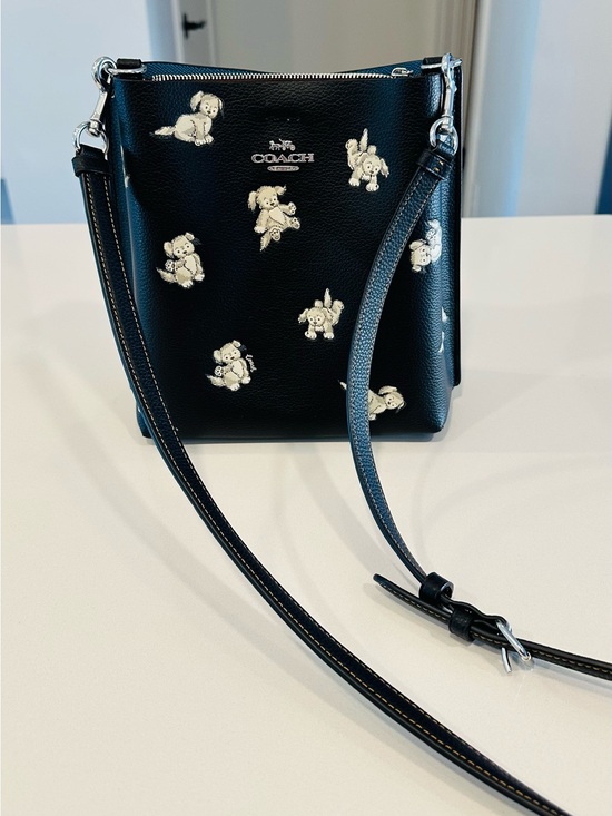 Coach Handbags - Coach Black Leather Crossbody with Cream Teddy Bear Motif NWOT